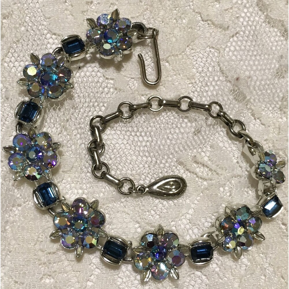 Vintage Rhinestone Chain Bracelet Shepards Hook Close Blue Silver Tone 10"L